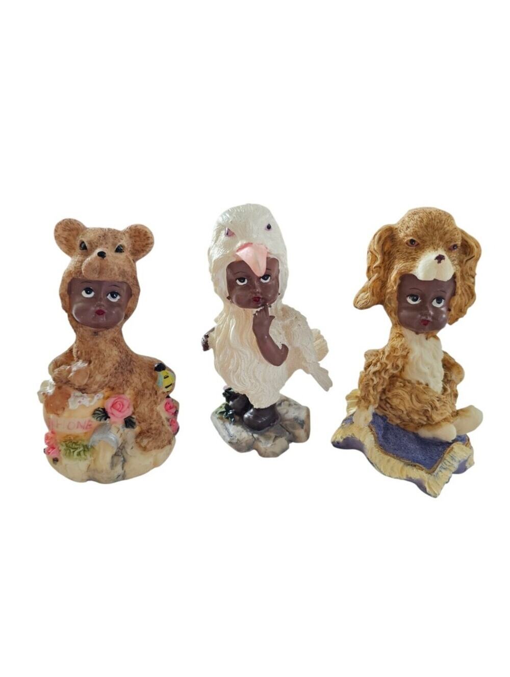 Set of 3 Resin Figurines Children with Animal Costumes Eagle Bear And Puppy